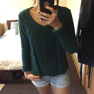 Hollister Dark Green V-Neck Cable-Knit Sweater